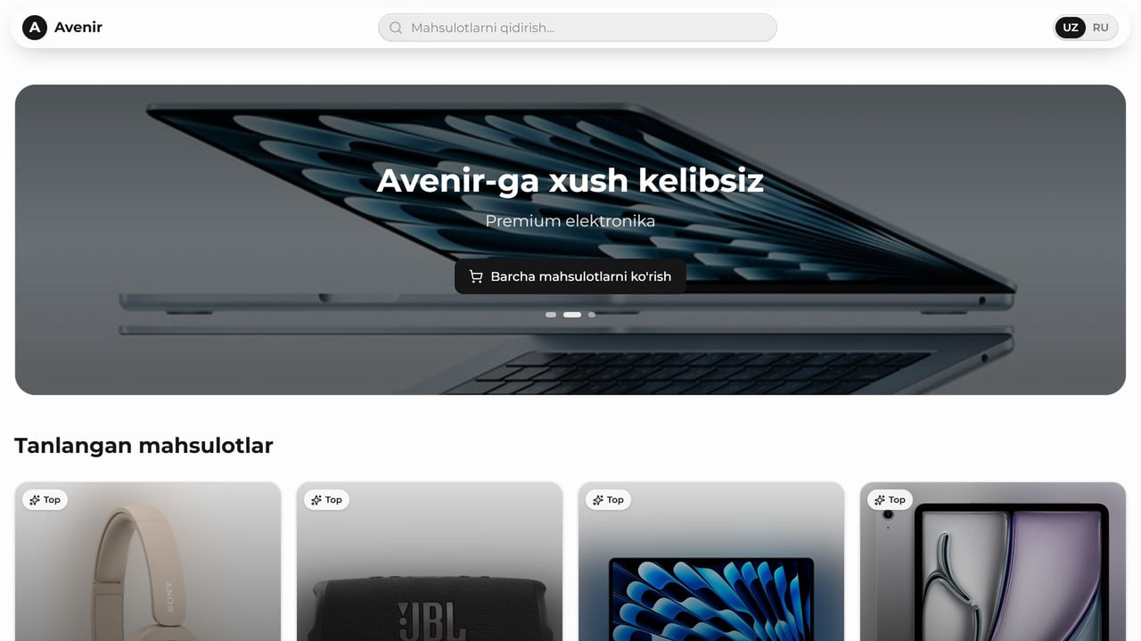 Avenir Store bosh sahifasi: banner va tanlangan mahsulotlar