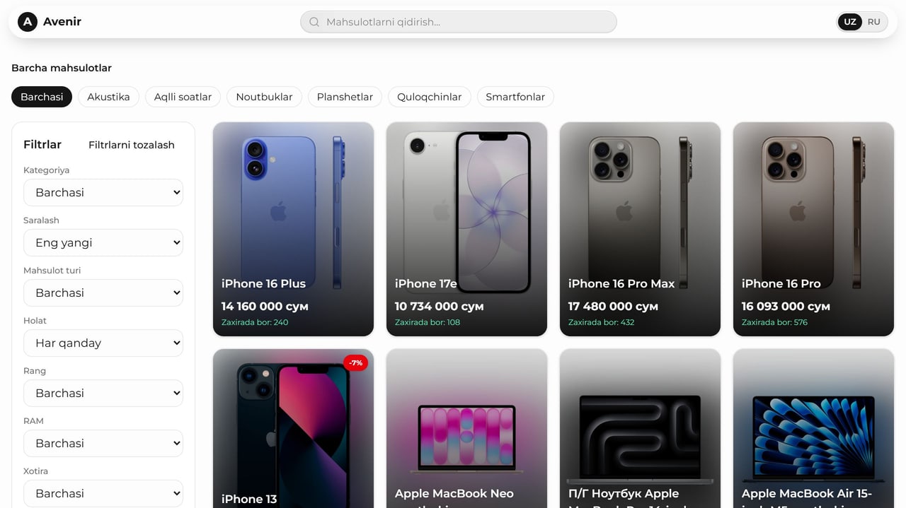 Katalog: kategoriya tugmalari, filtr paneli va mahsulot kartochkalari