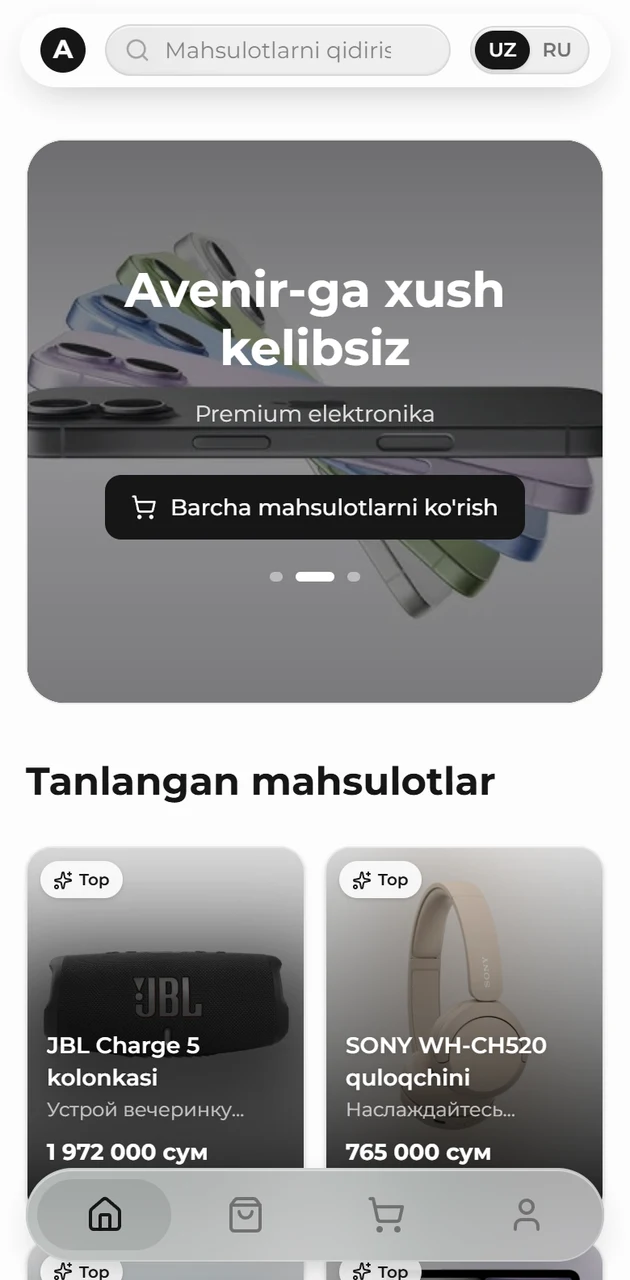 Avenir Store telefonda: banner, kartochkalar va pastki navigatsiya